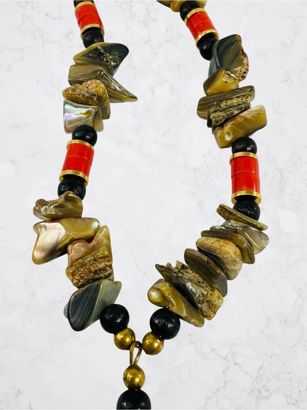 Boho Natural Abalone Shell MOP Statement Necklace Iridescent Chip Beaded 19”